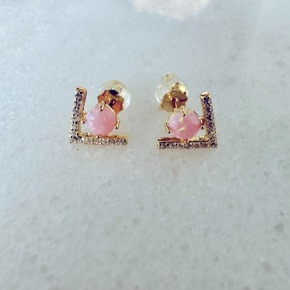 Round Pink Opal with modern V Sterling Silver Stud Earrings